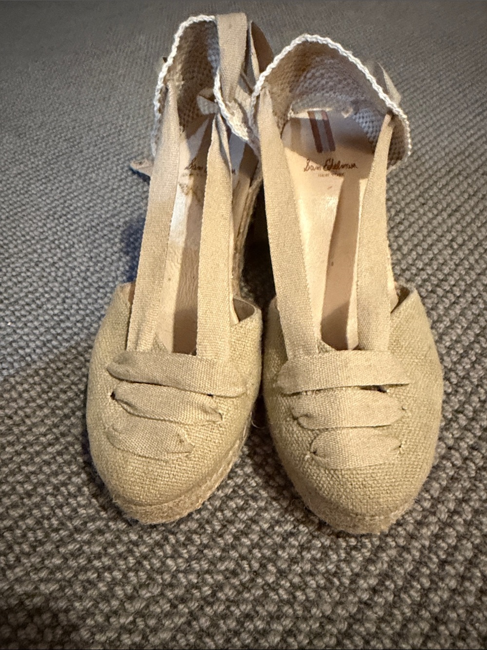 Sam Edelman Natural Beige Linen Espadrille Wedge Sandals with Ankle Tie